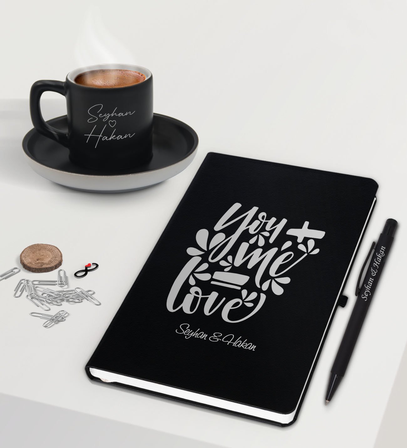 BK Gift Sevgililere Özel İsimli Siyah Defter Kalem ve Türk Kahvesi Fincanı Hediye Seti-10,  Sevgiliye Hediye, Sevgililer Günü, Yeni İş Hediyesi