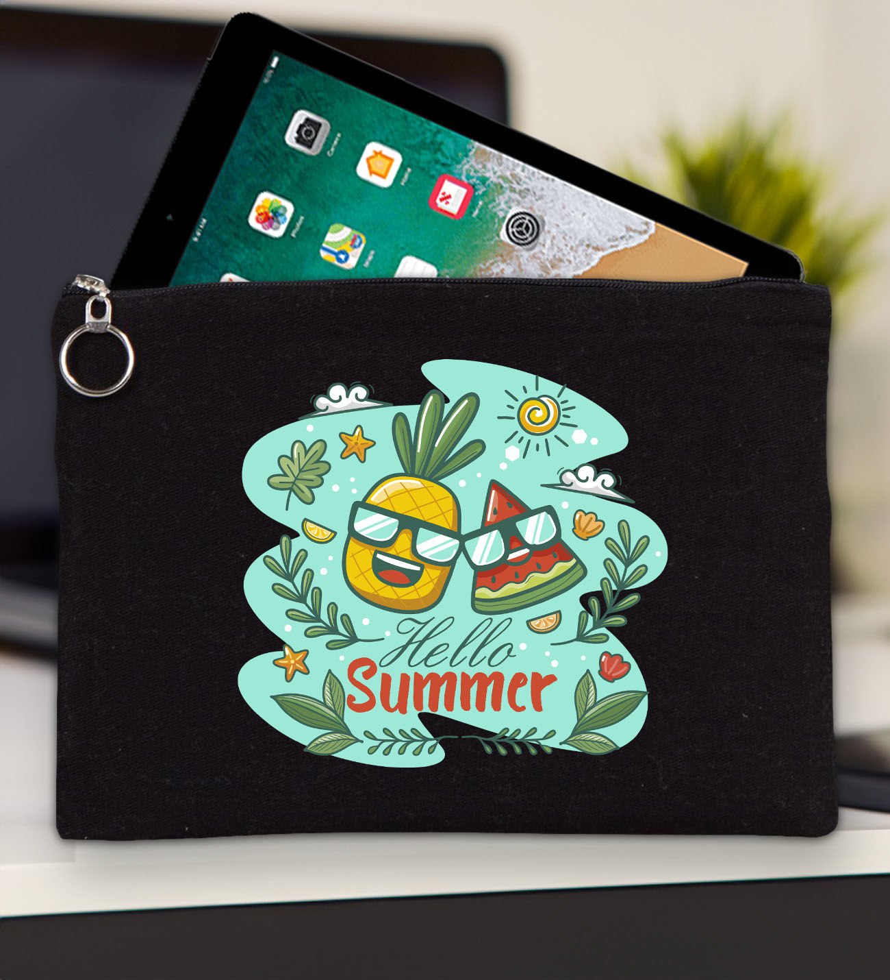 BK Gİft Yaz Temalı Siyah Tablet Çantası 30x21cm, Ipad Çantası, Baskılı Tablet Kılıfı