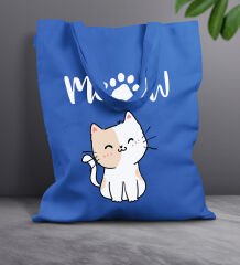 BK Gift Kedi Tasarımlı-11 Mavi Kumaş Bez Çanta, Baskılı Omuz Çantası, Alışveriş Çantası, Arkadaşa Hediye