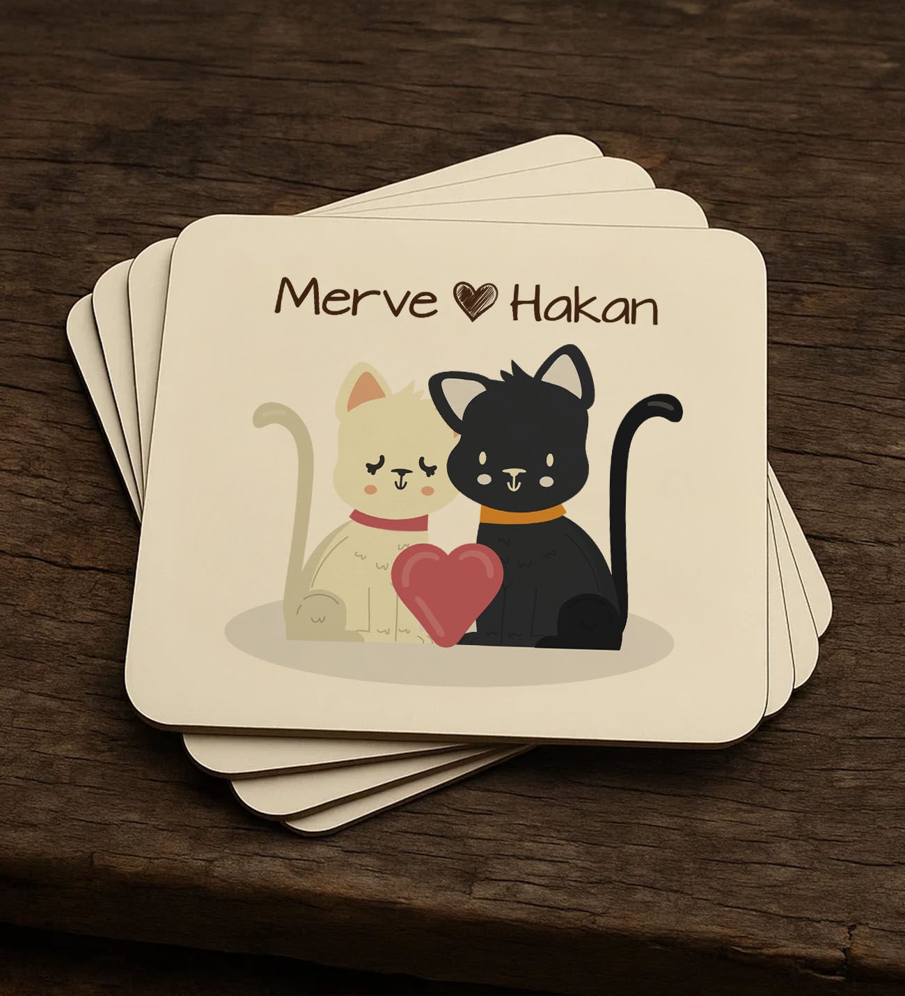 BK Gift Kişiye Özel Sevgili Evcil Hayvan Tasarımlı 4'lü MDF Ahşap Bardak Altlığı-4, Arkadaşa Hediye, Sevgiliye Hediye
