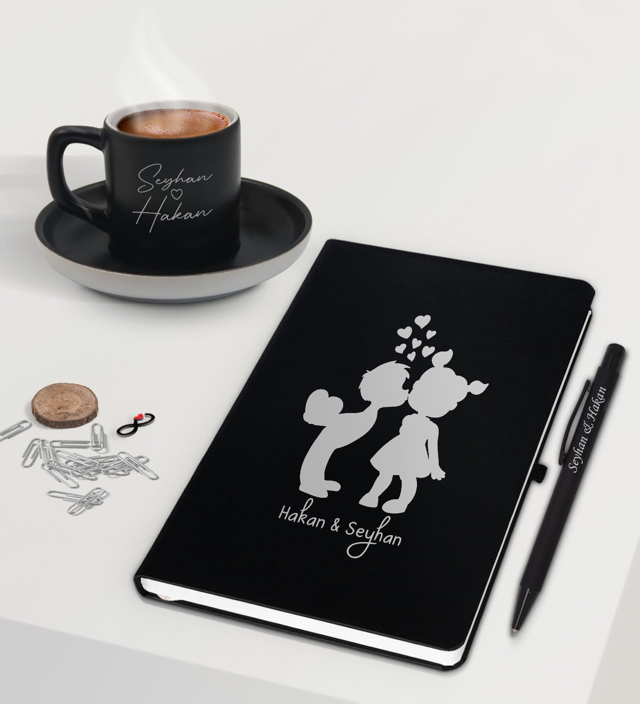 BK Gift Sevgililere Özel İsimli Siyah Defter Kalem ve Türk Kahvesi Fincanı Hediye Seti-11,  Sevgiliye Hediye, Sevgililer Günü, Yeni İş Hediyesi
