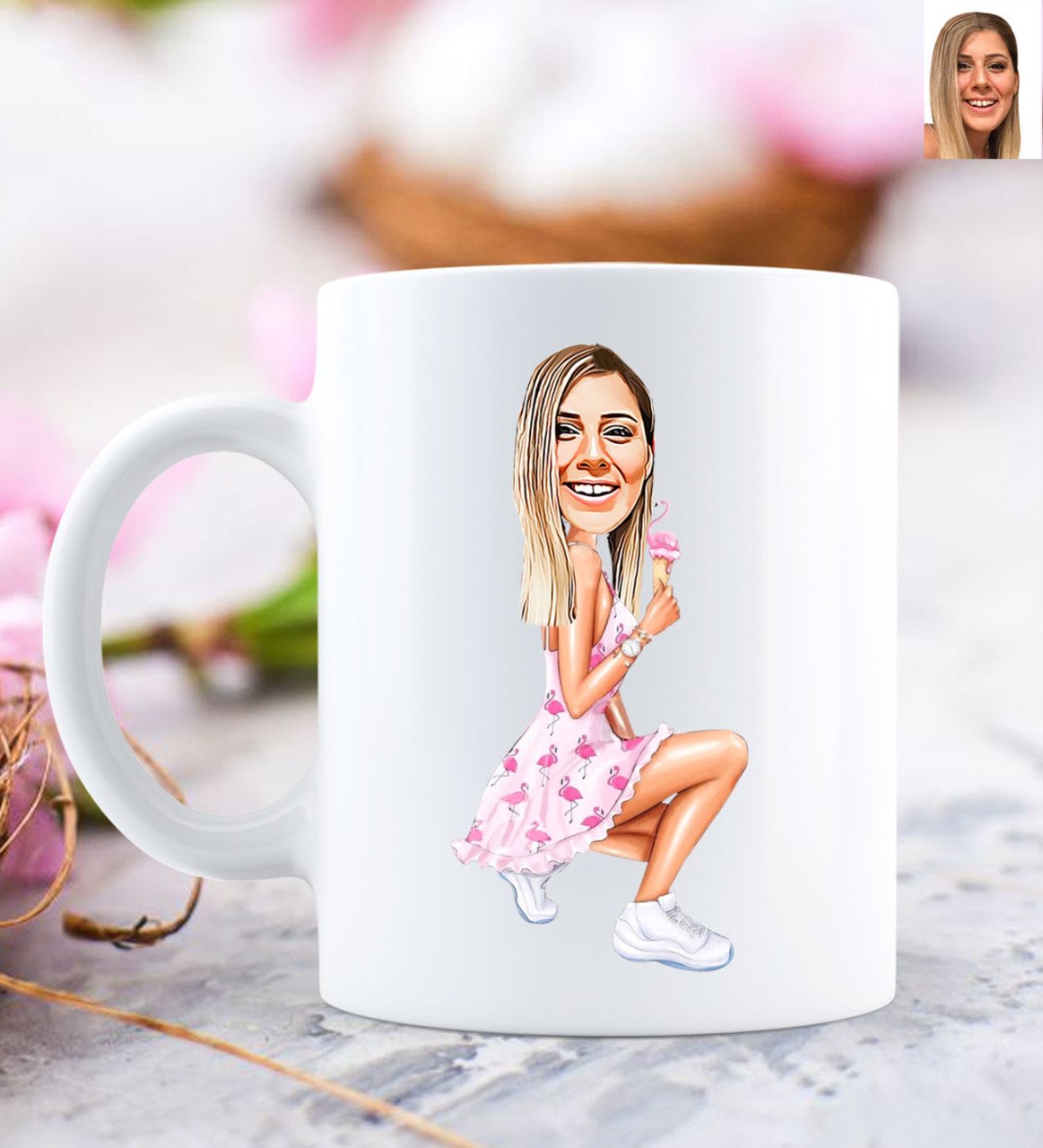 Kişiye Özel Flamingolu Kız Karikatürlü Beyaz Kupa Bardak-1