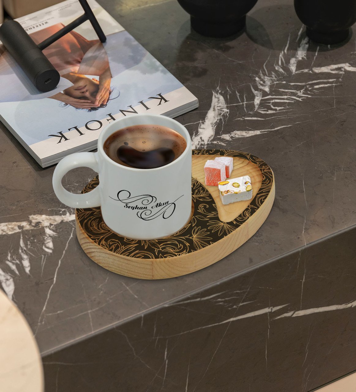 Kişiye Özel Retro Motif Tasarımlı Doğal Ahşap Tabaklı Türk Kahvesi Fincanı Sunum Seti Model 16