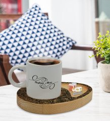 Kişiye Özel Retro Motif Tasarımlı Doğal Ahşap Tabaklı Türk Kahvesi Fincanı Sunum Seti Model 16