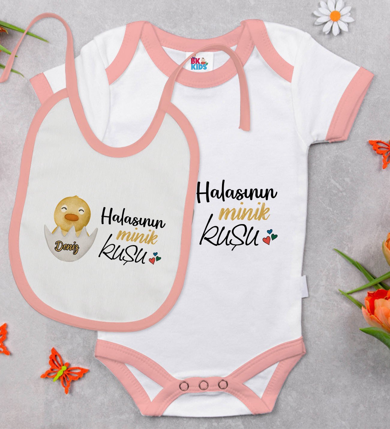 BK Kids Kişiye Özel Halasının Minik Kuşu Tasarımlı Pembe Bebek Body Zıbın ve Mama Önlüğü Hediye Seti