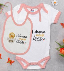 BK Kids Kişiye Özel Halasının Minik Kuşu Tasarımlı Pembe Bebek Body Zıbın ve Mama Önlüğü Hediye Seti