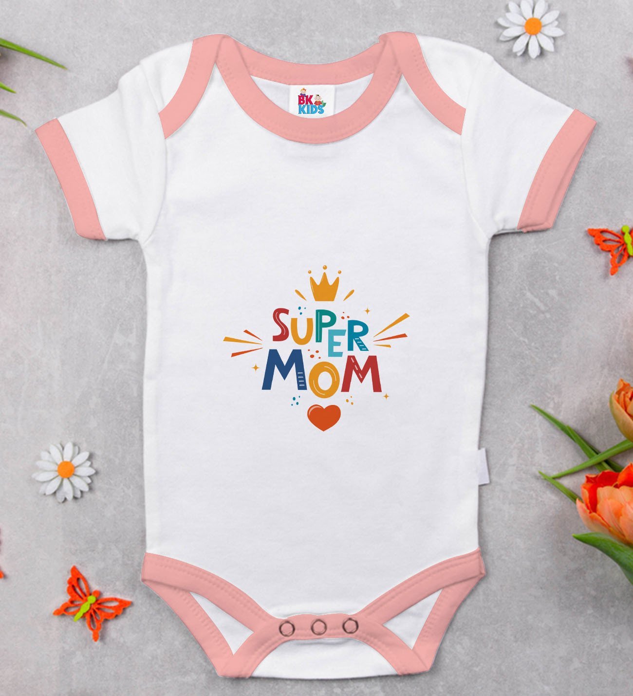 BK Kids Super Mom Tasarımlı Pembe Bebek Body Zıbın-1