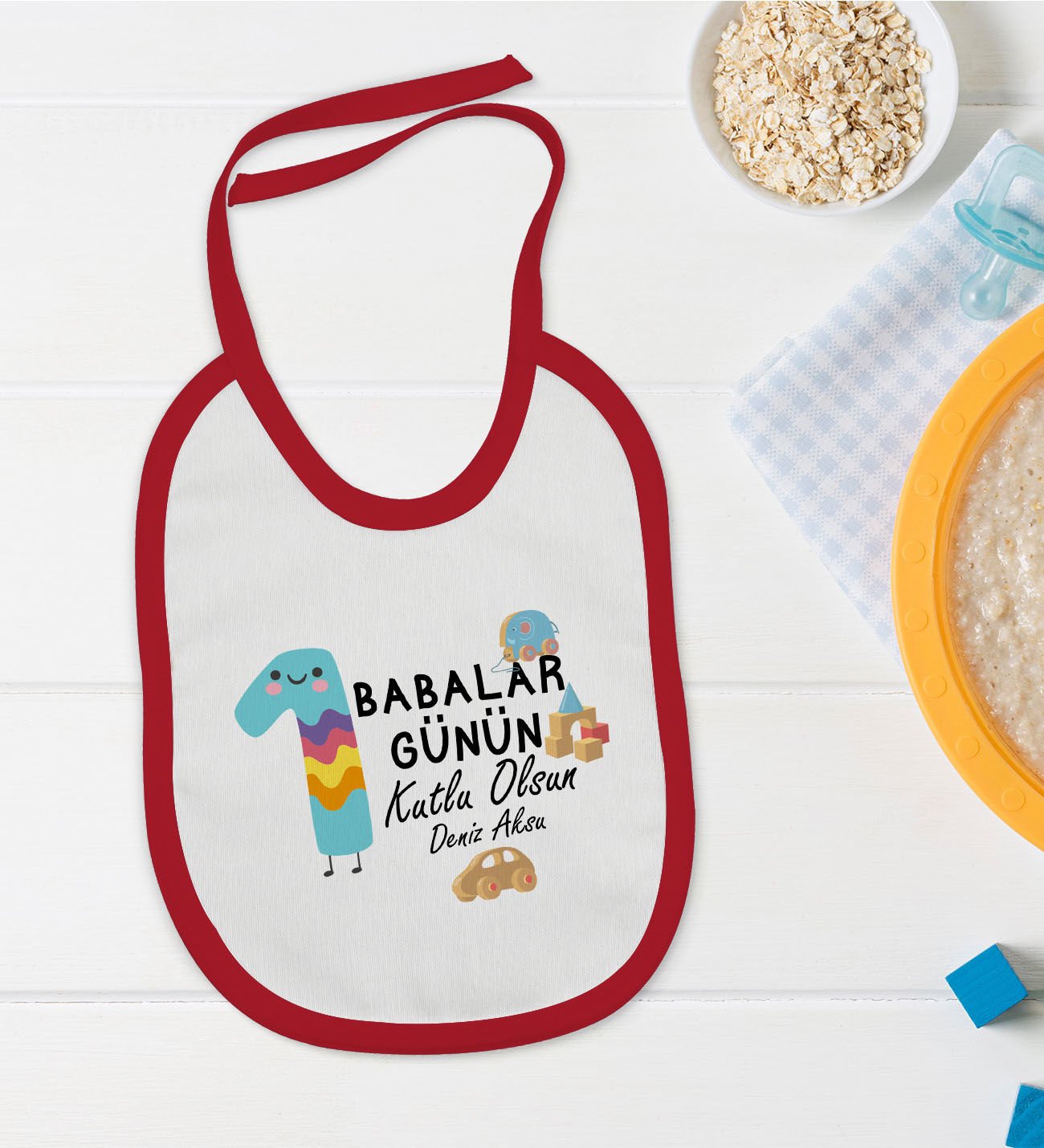 BK Kids Kişiye Özel İlk Babalar Günü Tasarımlı Kırmızı Bebek Mama Önlüğü-4
