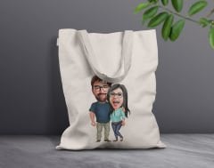 BK Gift Kişiye Özel Sevgililer Karikatürlü Kanvas Bez Çanta, Baskılı Omuz Çantası, Alışveriş Çantası, Plaj Çantası, Sevgiliye Hediye-1