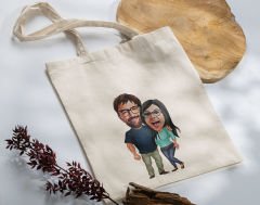 BK Gift Kişiye Özel Sevgililer Karikatürlü Kanvas Bez Çanta, Baskılı Omuz Çantası, Alışveriş Çantası, Plaj Çantası, Sevgiliye Hediye-1