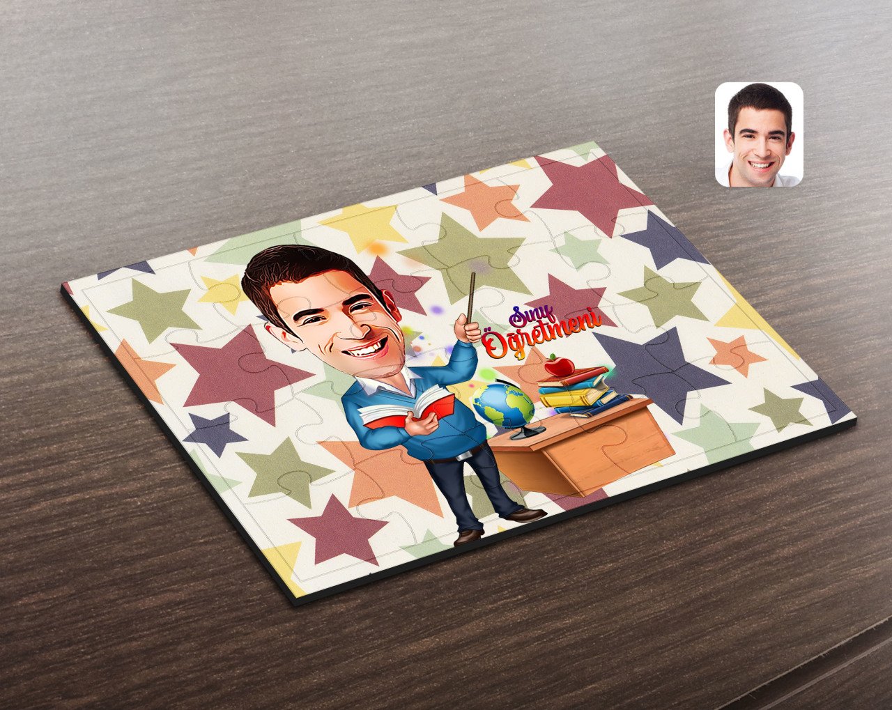 Kişiye Özel Erkek Sınıf Öğretmeni Karikatürlü Ahşap Puzzle-1