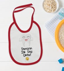 BK Kids Kişiye Özel İlk Diş Tasarımlı Kırmızı Bebek Mama Önlüğü-1