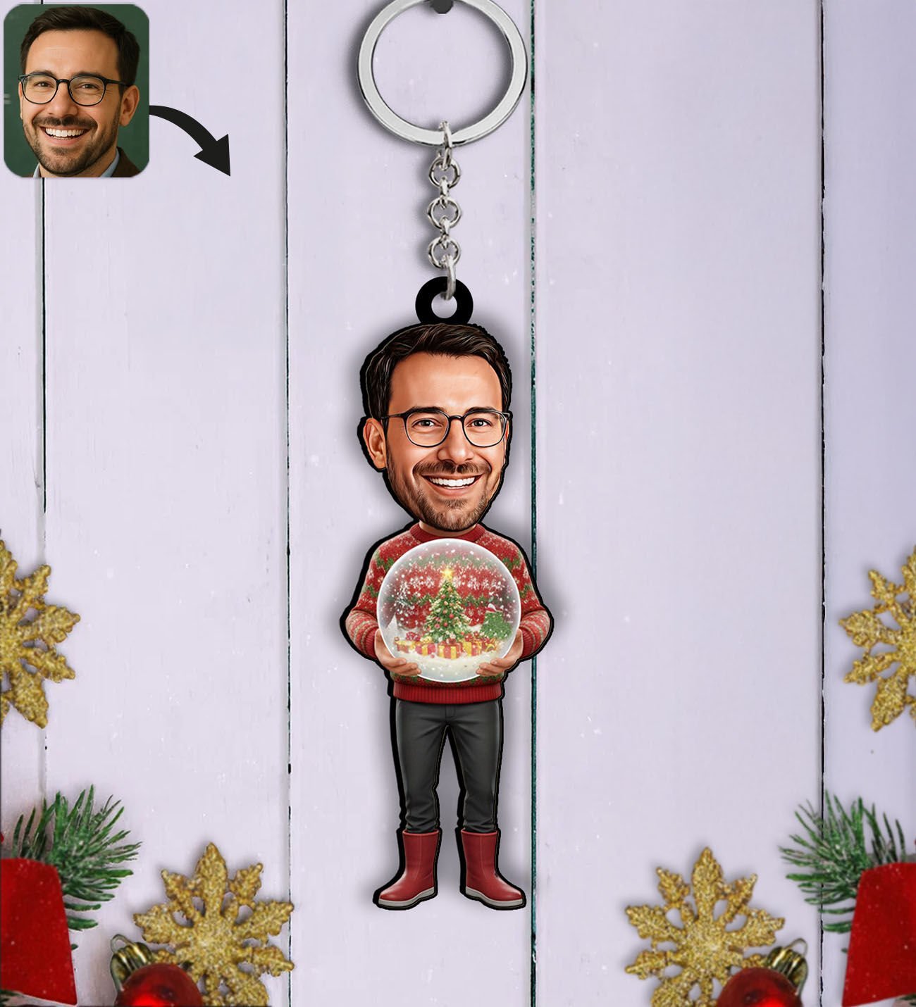 BK Gift Kişiye Özel Erkek Yılbaşı Karikatürlü Ahşap Anahtarlık -11, Yeni Yıl Hediyesi, Yılbaşı Hediyesi