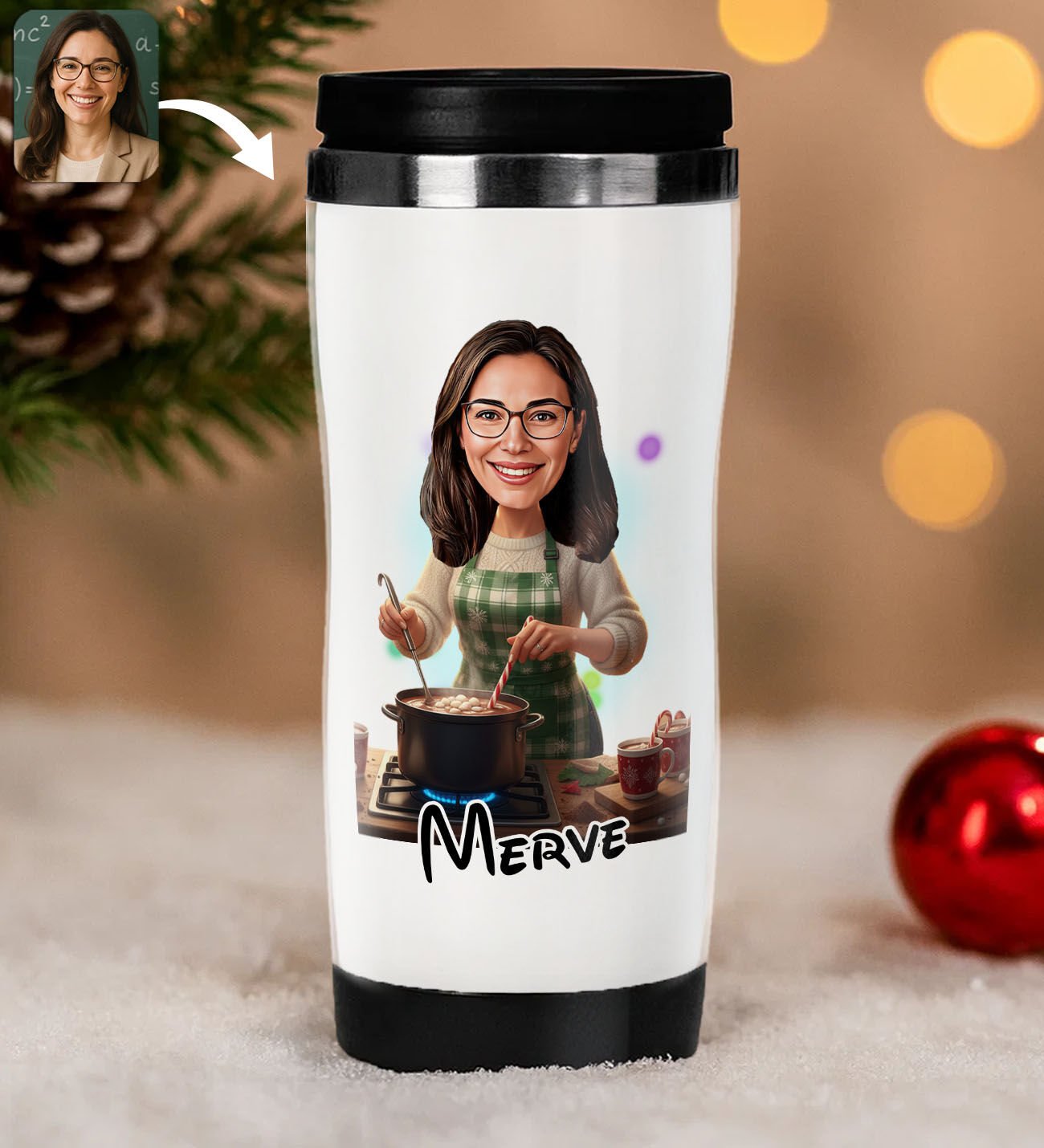 BK Gift Kişiye Özel Kadın Yılbaşı Karikatürlü Çelik Termos Bardak - 14, Yılbaşı Hediyesi, Yeni Yıl Hediyesi