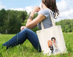 BK Gift Kişiye Özel Sevgililer Karikatürlü Kanvas Bez Çanta, Baskılı Omuz Çantası, Alışveriş Çantası, Plaj Çantası, Sevgiliye Hediye-2