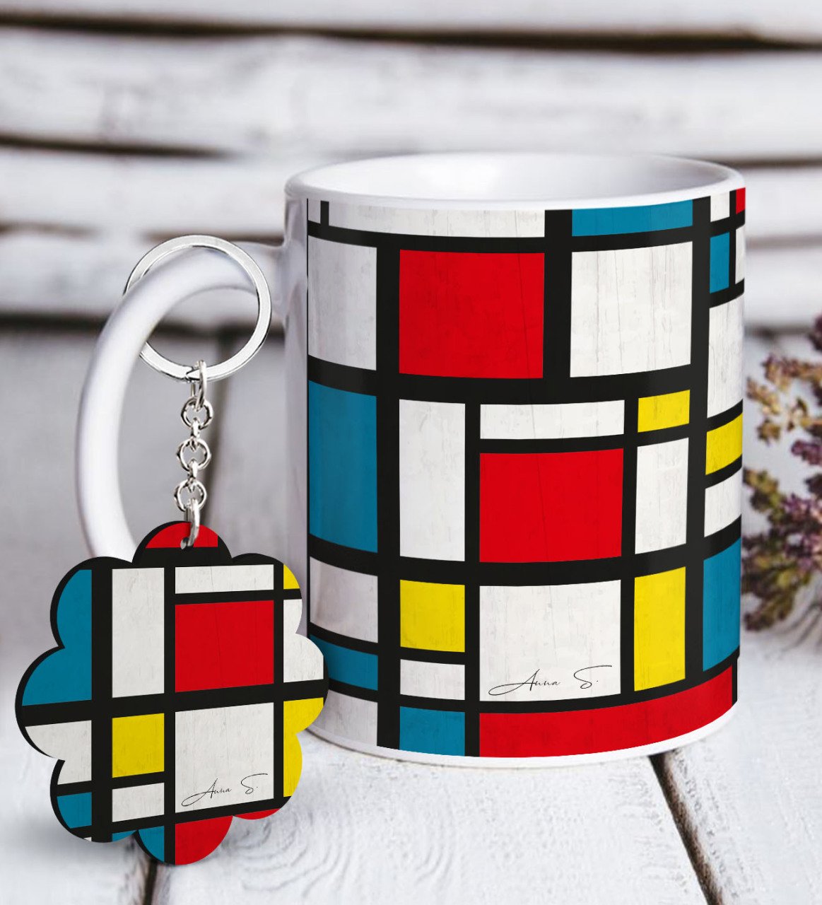 Kişiye Özel Mondrian Beyaz Kupa ve Anahtarlık Hediye Seti-1