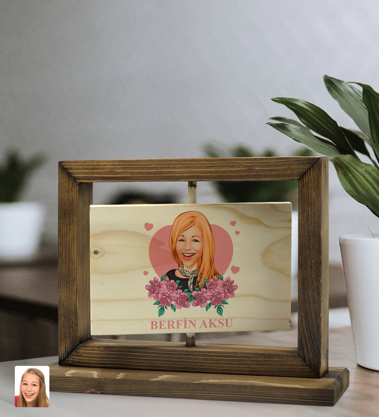 BK Gift Kişiye Özel Anneler Günü Karikatürlü Doğal Ahşap Dönen Fotoğraf Çerçevesi, Anneler Günü Hediyeleri, Ev Dekoru, Masaüstü Dekoru-2