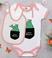 BK Kids Little Monster Tasarımlı Pembe Bebek Body Zıbın ve Mama Önlüğü Hediye Seti-1