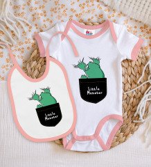 BK Kids Little Monster Tasarımlı Pembe Bebek Body Zıbın ve Mama Önlüğü Hediye Seti-1