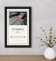 Kişiye Özel Siyah Beyaz İstanbul Haritası Tasarımlı Dekoratif Ahşap Siyah Çerçeveli Tablo-1