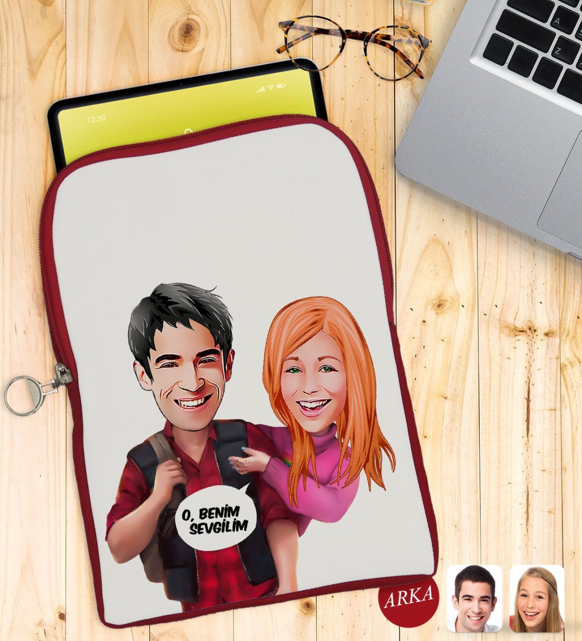 Kişiye Özel Sevgililer Karikatürlü Taşınabilir Koruyucu Tablet Kılıfı & Organizer Çanta - Kırmızı-91