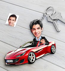 Kişiye Özel Bay Ferrari California Figürlü Plakalı Ahşap Karikatür Anahtarlık