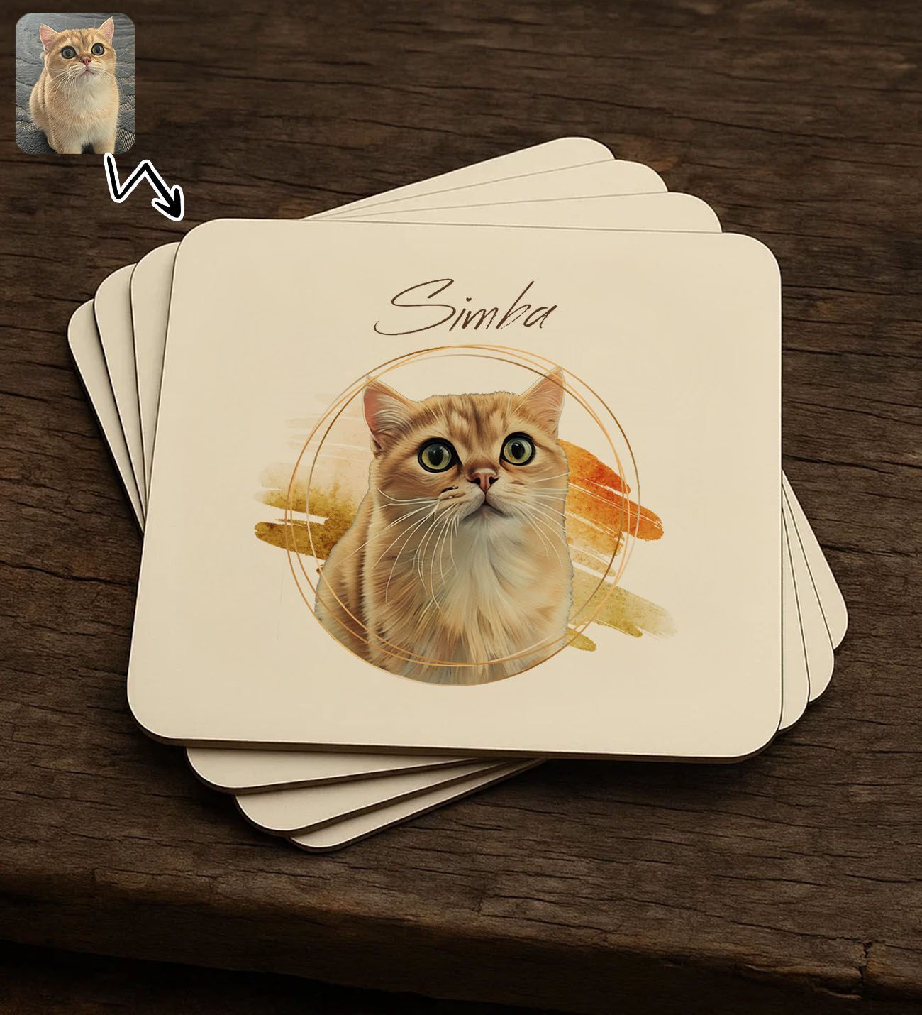 BK Gift Kişiye Özel Evcil Hayvan Karikatürlü 4'lü MDF Ahşap Bardak Altlığı-6, Arkadaşa Hediye, Sevgiliye Hediye