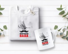 Kişiye Özel Muhteşem Baba Tasarımlı Beyaz Tişört ve Kupa Seti-1
