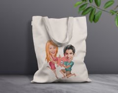 BK Gift Kişiye Özel Sevgililer Karikatürlü Kanvas Bez Çanta, Baskılı Omuz Çantası, Alışveriş Çantası, Plaj Çantası, Sevgiliye Hediye-5
