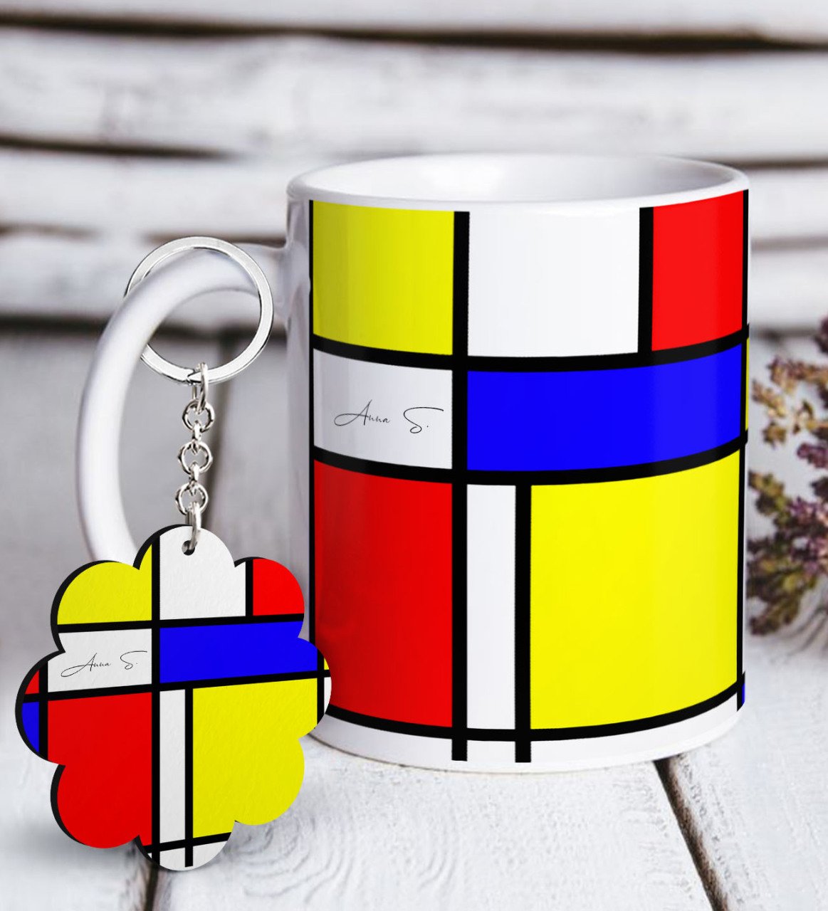 Kişiye Özel Mondrian Beyaz Kupa ve Anahtarlık Hediye Seti-5