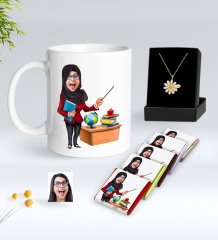 Kişiye Özel Bayan Öğretmen Karikatürlü Beyaz Kupa Çikolata ve İsimli Papatya Kolye Hediye Seti-7