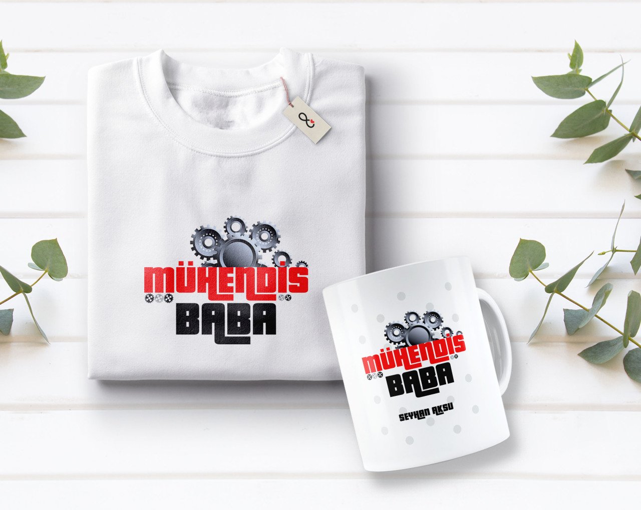 Kişiye Özel Mühendis Baba Tasarımlı Beyaz Tişört ve Kupa Seti-1