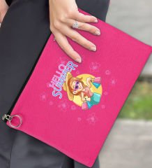 BK Gİft Yaz Temalı-2 Astarlı Fuşya Portföy Çanta 30x21cm, Baskılı El Çantası, Organizer Çanta