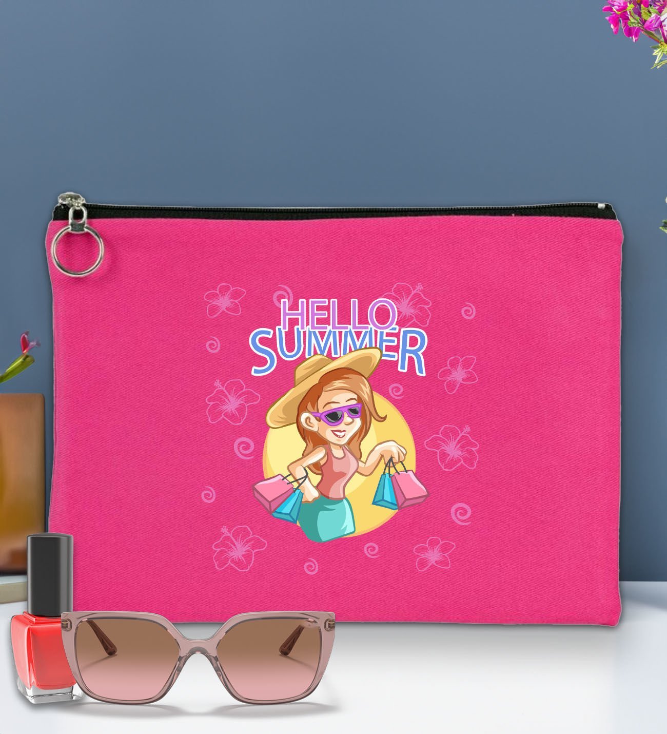 BK Gİft Yaz Temalı-2 Astarlı Fuşya Portföy Çanta 30x21cm, Baskılı El Çantası, Organizer Çanta