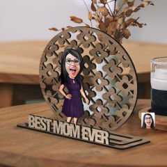 BK Gift Kişiye Özel 3 Katmanlı Anne Karikatürlü Ahşap Biblo-4 Anneye Hediye, Anneler Günü Hediyeleri