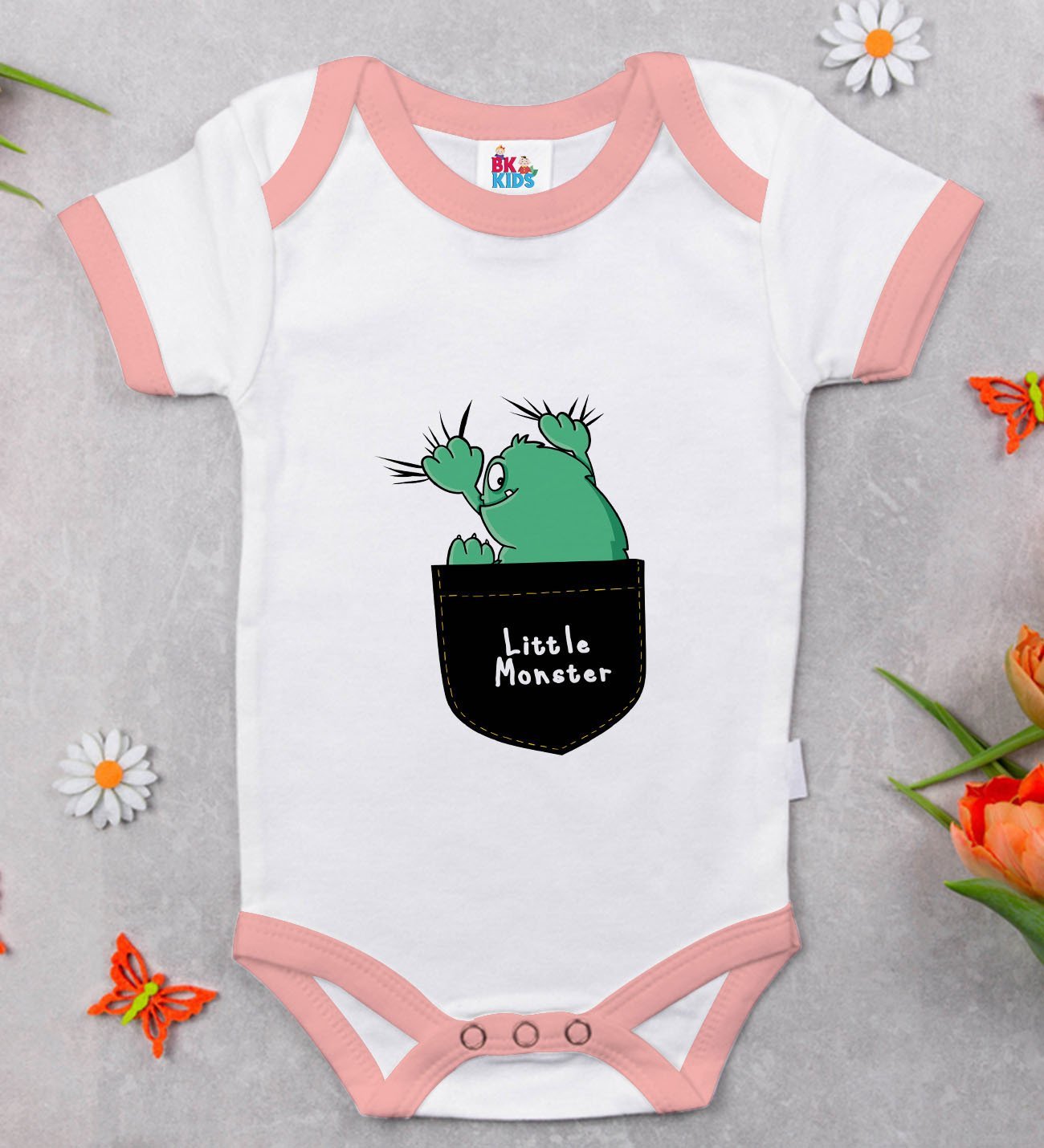 BK Kids Little Monster Tasarımlı Pembe Bebek Body Zıbın-1
