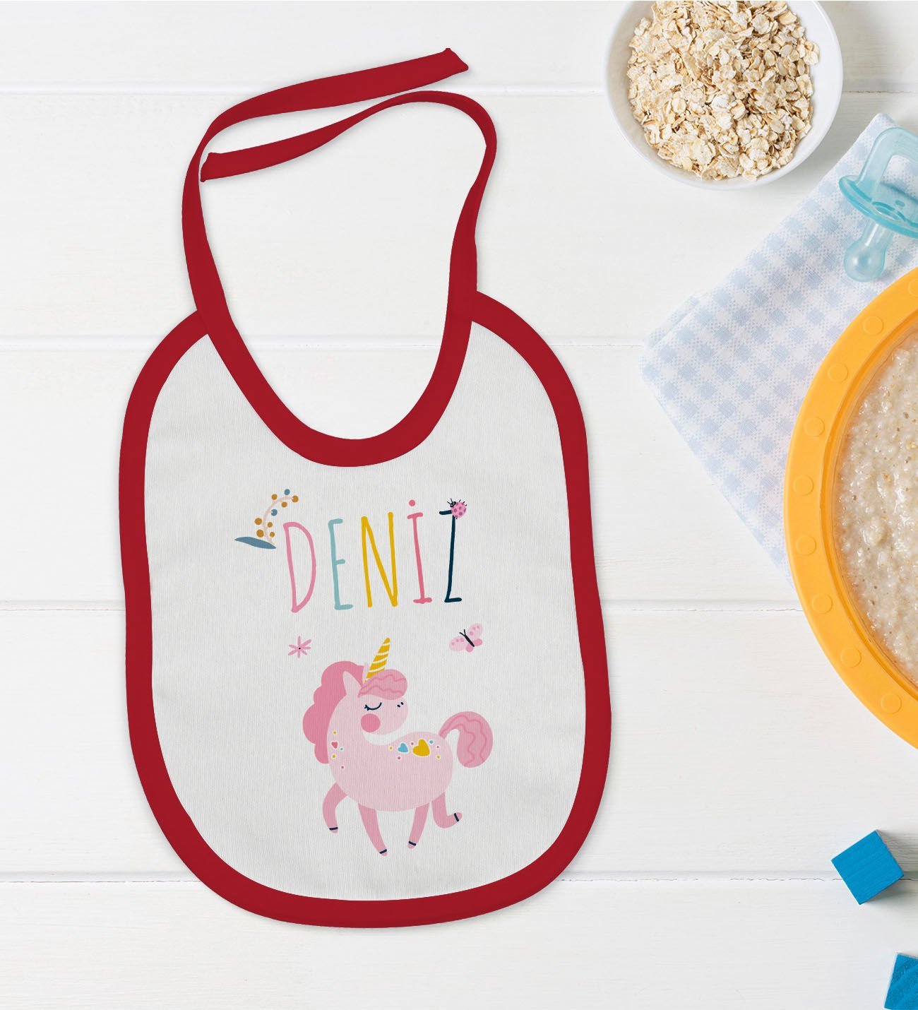 BK Kids Kişiye Özel İsimli Kırmızı Bebek Mama Önlüğü-4