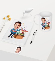 Kişiye Özel Bay Öğretmen Temalı Karikatürlü Beyaz Defter Kalem Kupa Seti - 3
