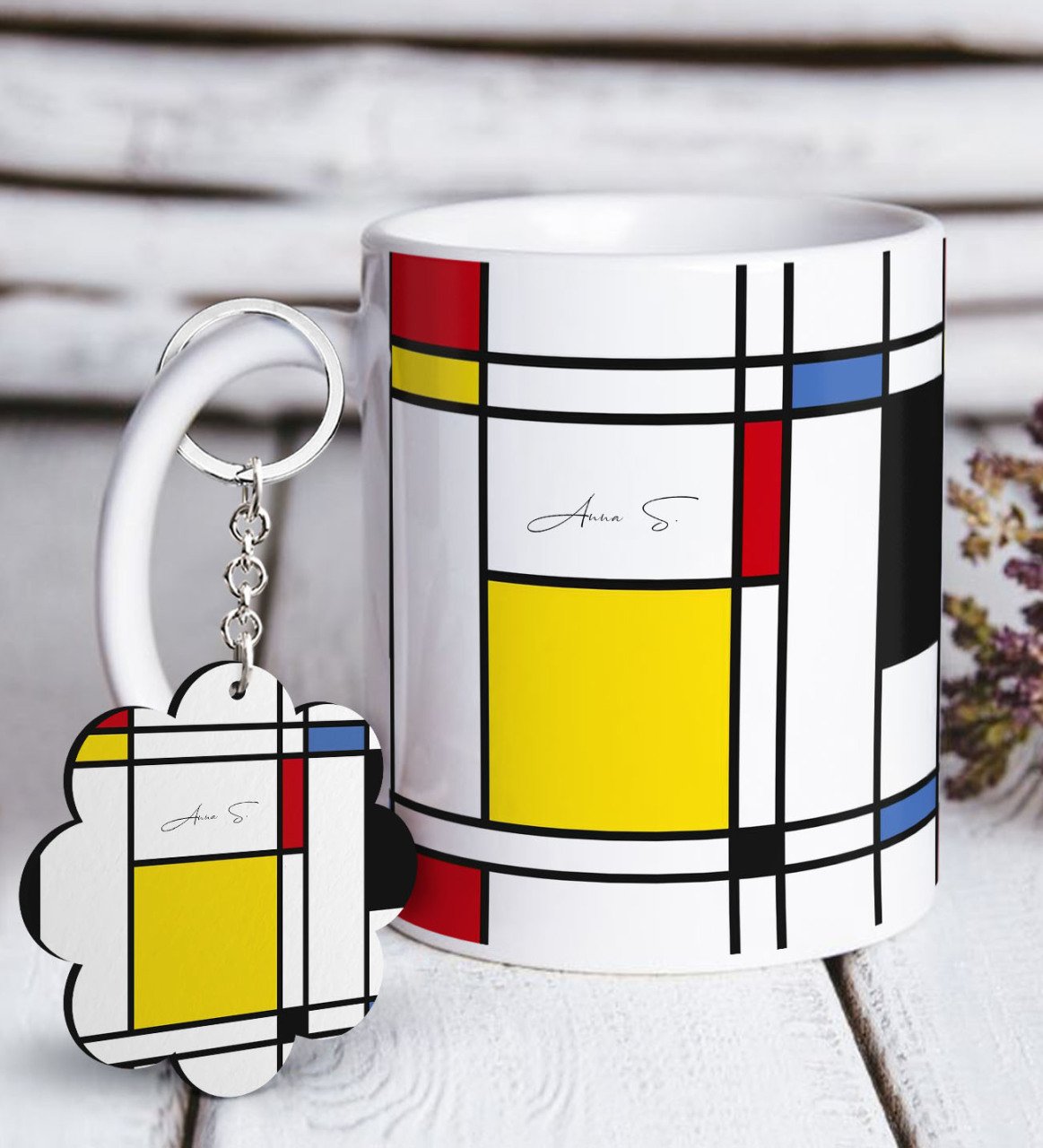 Kişiye Özel Mondrian Beyaz Kupa ve Anahtarlık Hediye Seti-6