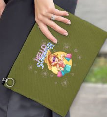 BK Gİft Yaz Temalı-2 Astarlı Yeşil Portföy Çanta 30x21cm, Baskılı El Çantası, Organizer Çanta