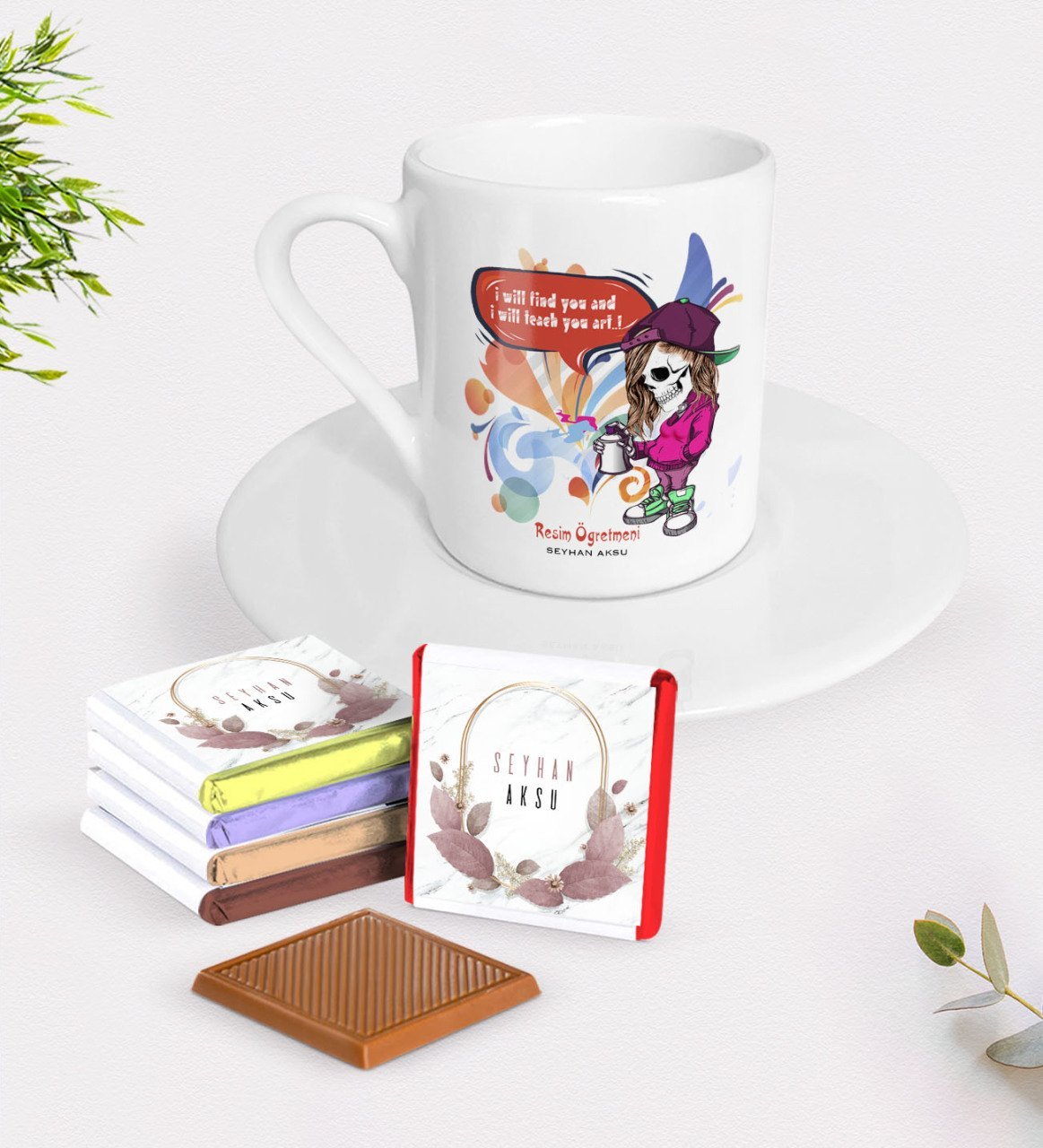Kişiye Özel Resim Öğretmeni Türk Kahvesi Fincanı ve Çikolata Hediye Seti-2