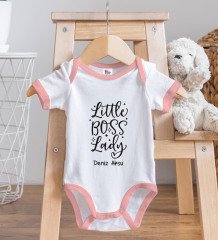BK Kids Kişiye Özel Little Boss Lady Tasarımlı Pembe Bebek Body Zıbın ve Mama Önlüğü Hediye Seti