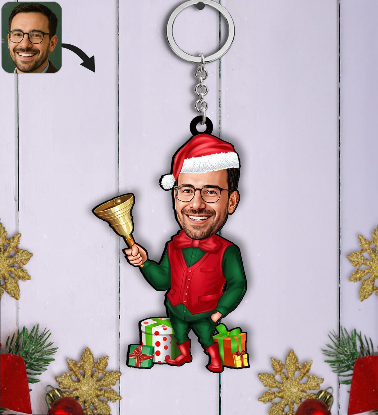 BK Gift Kişiye Özel Erkek Yılbaşı Karikatürlü Ahşap Anahtarlık -17, Yeni Yıl Hediyesi, Yılbaşı Hediyesi