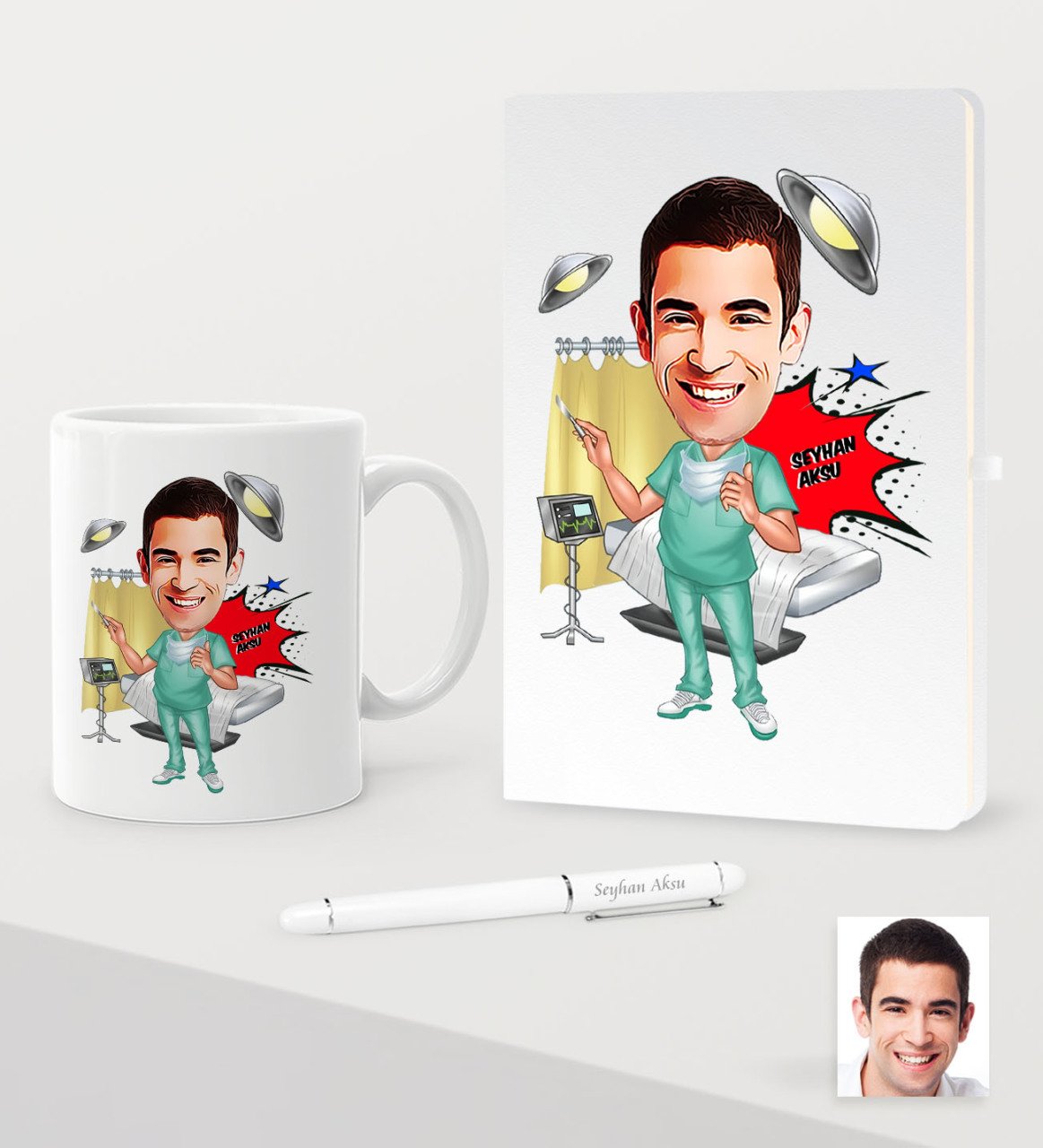 Kişiye Özel Bay Cerrah Karikatürlü Beyaz Defter Kalem Kupa Seti - 1