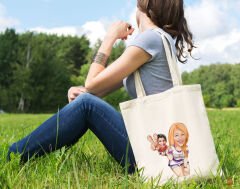 BK Gift Kişiye Özel Sevgililer Karikatürlü Kanvas Bez Çanta, Baskılı Omuz Çantası, Alışveriş Çantası, Plaj Çantası, Sevgiliye Hediye-6