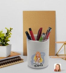BK Gift Kişiye Özel Kadın Mimar Karikatürlü Beyaz Akrilik Kalemlik - Model 1