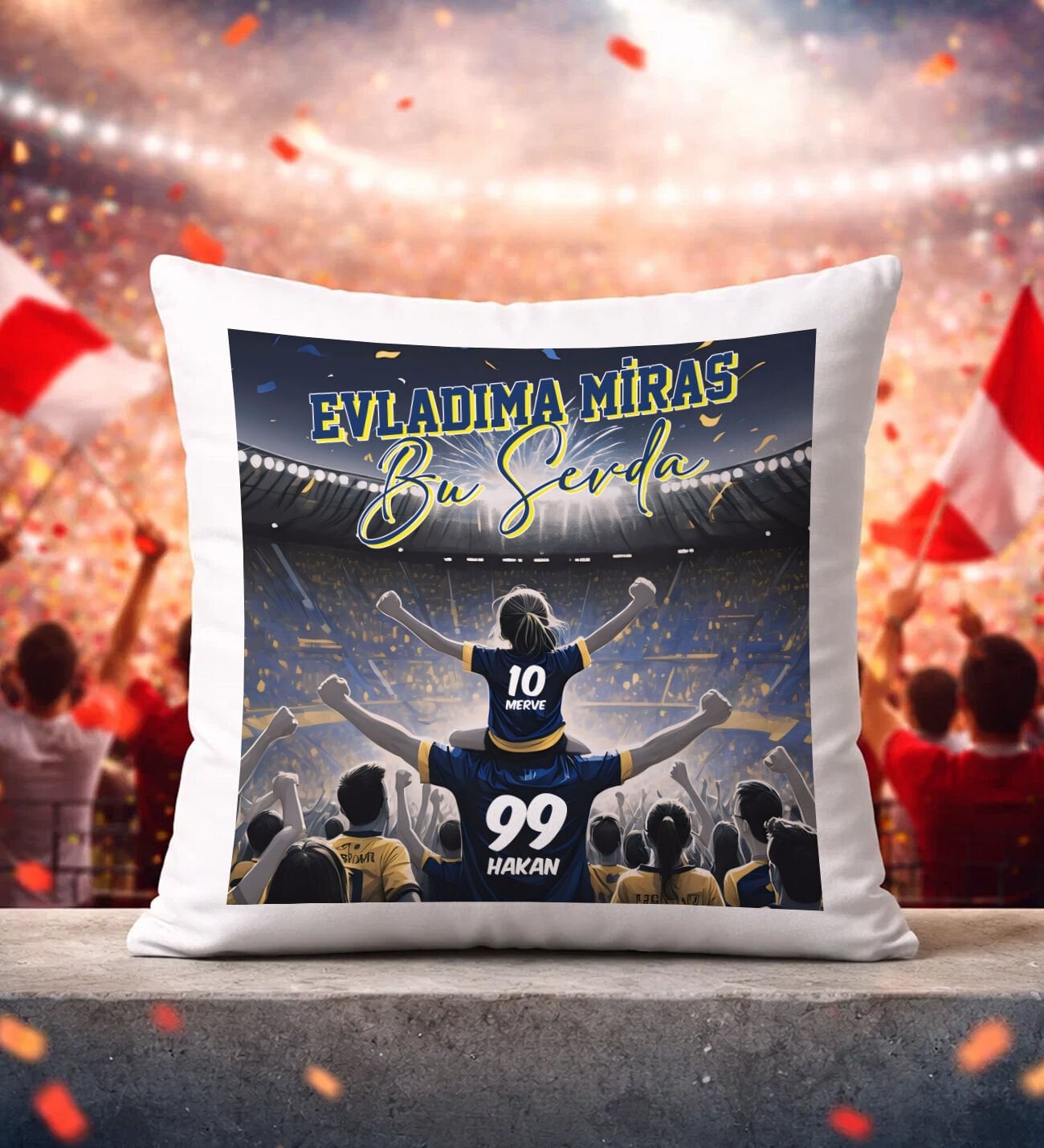 BK Gift Kişiye Özel İsimli Baba-Kız Sarı Lacivert Evladıma Miras Bu Sevda Beyaz Kırlent Yastık-2, Doğum Günü Hediyesi, Taraftar Hediyesi
