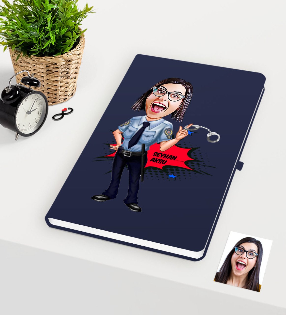 Kişiye Özel Bayan Polis Karikatürlü Lacivert Defter