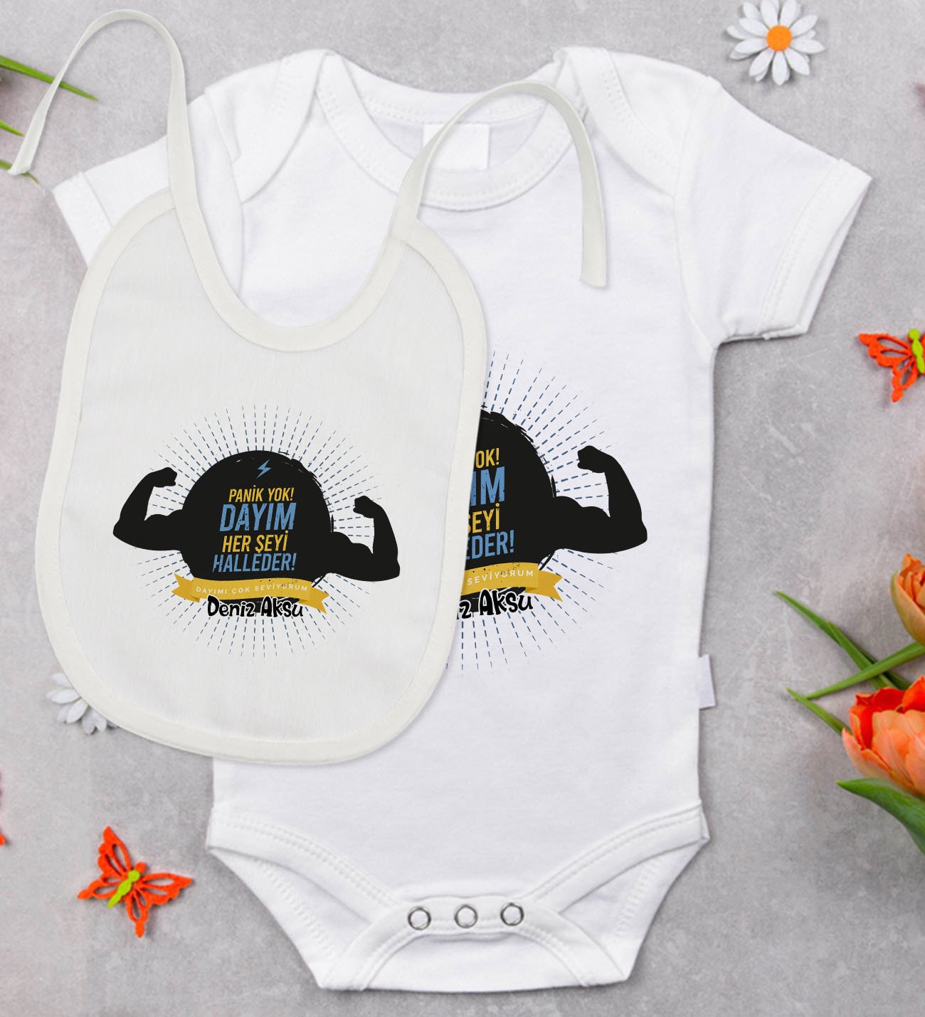 BK Kids Kişiye Özel Dayım Her Şeyi Halleder Tasarımlı Bebek Body Zıbın ve Mama Önlüğü Hediye Seti - Model 1