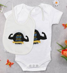 BK Kids Kişiye Özel Dayım Her Şeyi Halleder Tasarımlı Bebek Body Zıbın ve Mama Önlüğü Hediye Seti - Model 1